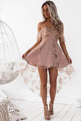 Fashion Blush A-Line Lace Off Shoulder High Low Homecoming Dress